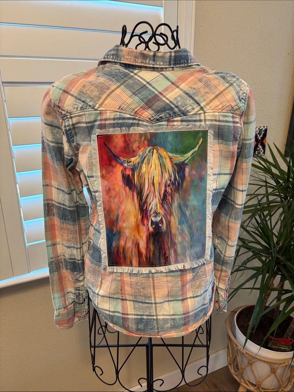 Handmade one of a kind distressed Plaid Pastel with Colorful Highland Cow patch
